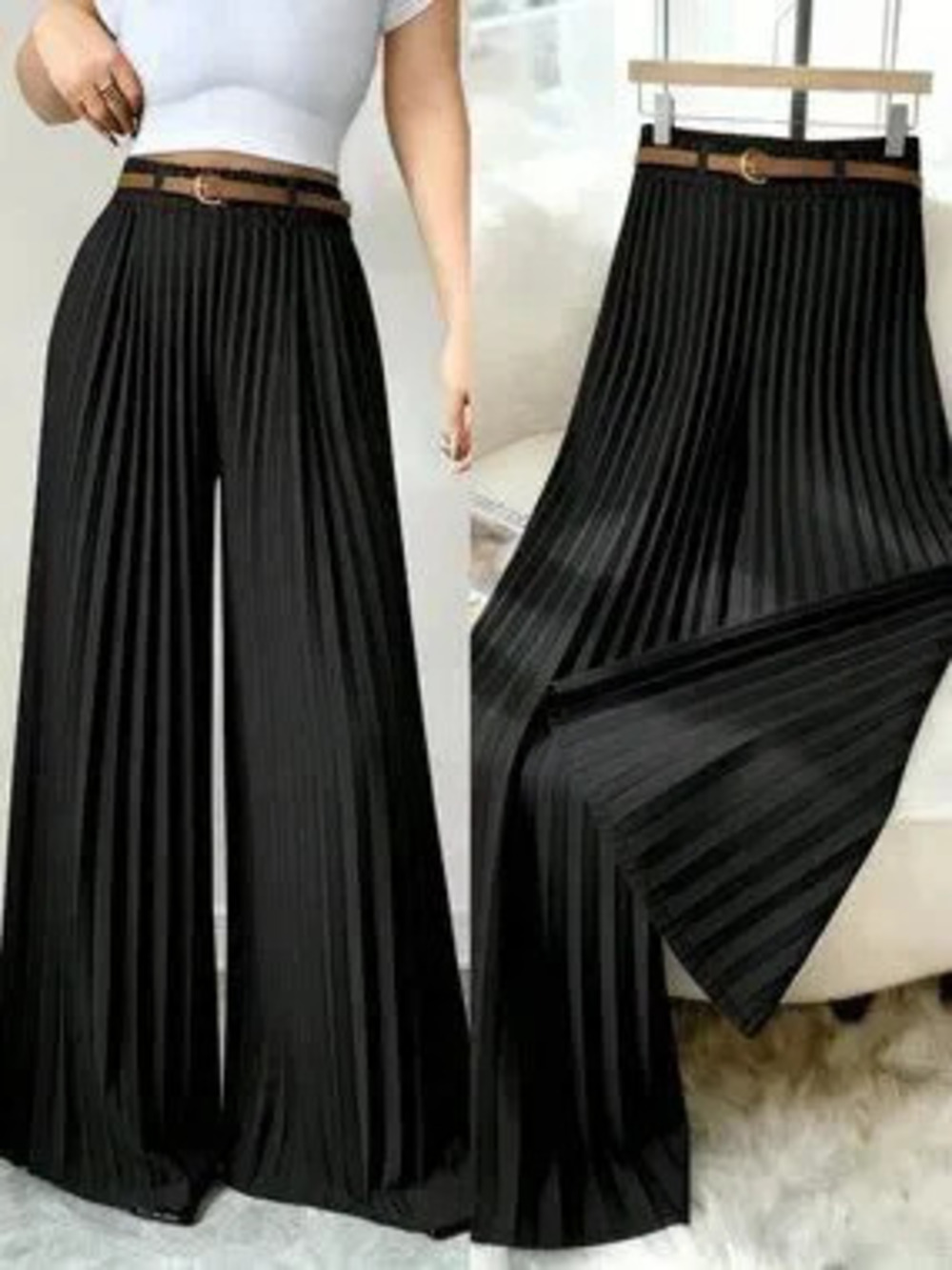 Black Elegant Women's Minimalist Pleated Casual Pants - Picture 5 of 7